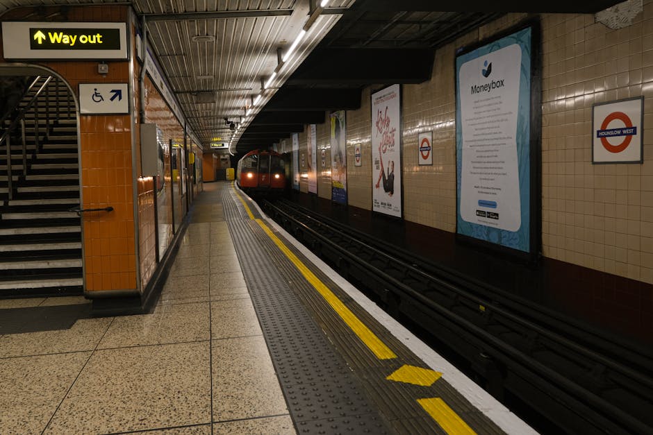 Inside the Pimlico underground station platform, the image shows a section near the staircase leading up to the street level, with a yellow 'Way out' sign hanging from the ceiling. The platform features beige tiled walls accented by brown tiles, with various informational and advertising posters mounted along the wall. A London Underground train with a red front and black windows is approaching or stationary at the platform, partially visible in the distance. The floor is made of textured tiles, with tactile paving and yellow safety lines along the edge near the tracks. To the left side of the image, metal stairs with black handrails ascend to the upper level, adjacent to a blue and white wheelchair-accessible sign. The overall lighting is dim but functional, highlighting the station's typical underground environment, which Pimlico Movers may encounter during a house relocation process involving transportation of furniture through the urban transit network.