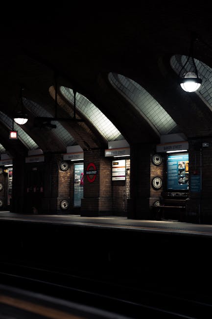 The image depicts an underground station platform at Pimlico, featuring a series of illuminated signs and information boards mounted on brick walls beneath a curved, ribbed ceiling with skylights allowing natural light. The platform is empty with no visible passengers or staff, and the tracks are visible in the foreground. To the right, there is some equipment related to the station’s operation, while on the wall, there are clocks and various directional and informational signage. The lighting is soft, with a combination of artificial lamps and daylight filtering through the skylights, creating a calm and utilitarian atmosphere typical of a city subway station. This setting is relevant to house removals or home relocation services, as it highlights the process of transporting furniture, packing materials, or moving items through public transport infrastructure, as occasionally coordinated by companies like Pimlico Movers during local moves or relocation logistics.